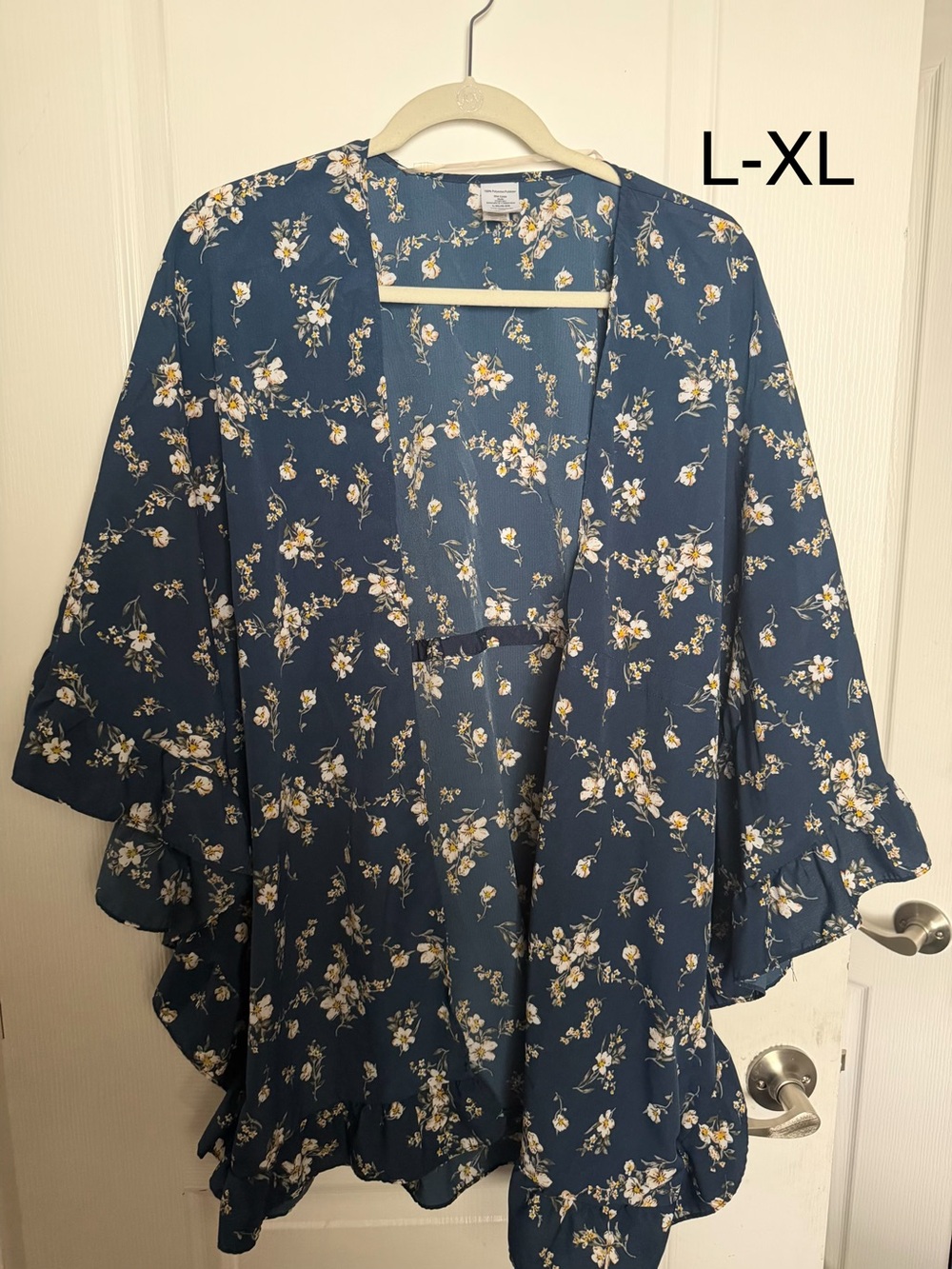 Navy Floral Ruffled Open Kimono